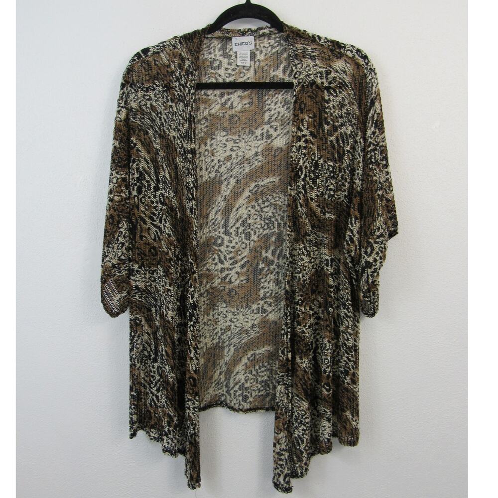 Chico's Large Open Front Open Knit Short Sleeve Animal Print Kimono Cardigan